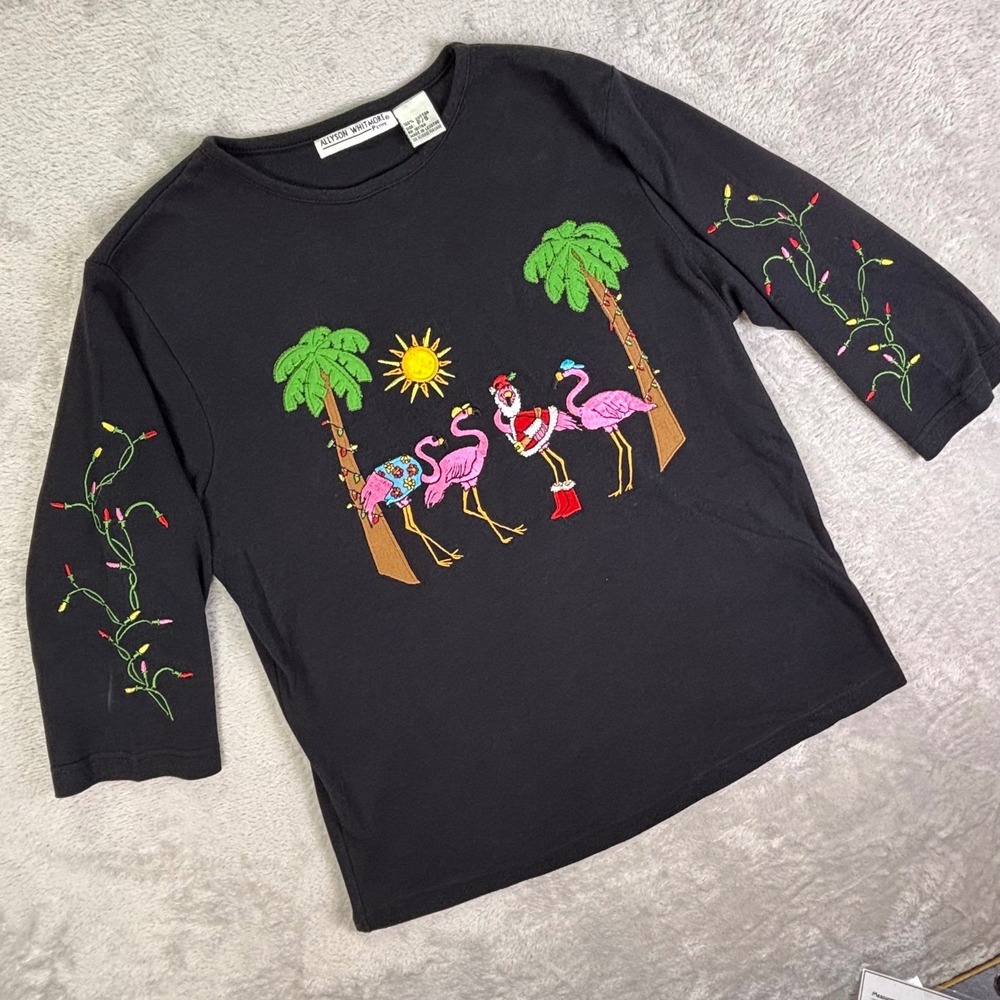 Vtg Allyson Whitmore Women's P/S Black Flamingo Christmas Lights Embroidered Top